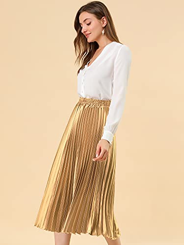 Allegra K Women's Party Elastic Waist Metallic Shiny Accordion Pleated Midi Skirt Large Gold #TOP3