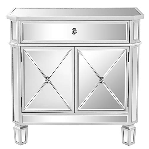 Image of VINGLI Mirrored Cabinet, Mirrored Nightstand, Mirrored Dresser Accent Chest, Large Mirror Nightstand with 1 Drawer and Two Doors, 27.5 inchW x 13.4 inchD x 26.5 inchH, Mirror