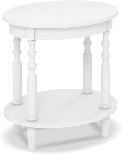 Miniatura 8 de Giantex Mesa auxiliar con estante de almacenamiento, color blanco, mesa auxiliar redonda ovalada de 24.5 pulgadas con patas de madera maciza, mesa