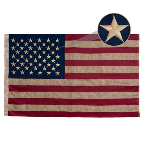 AZCOVER Vintage American Flag for Outside 3x5 FT Tea-Stained US Flags with Embroidered Stars Sewn Stripes Fade Resistant Banner for 4th of July 250 Anniversary of USA