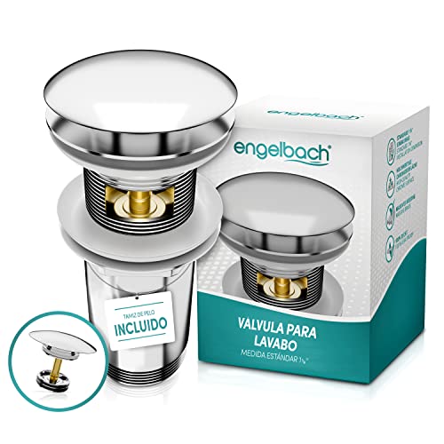 Engelbach Válvula Desagüe Lavabo con Rebosadero - Válvula Click Clack Lavabo - Valvula Desague Lavabo con 4 juntas y Manual de Instalación - Cromado