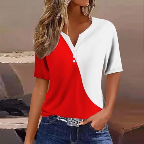 Camisetas femininas 2024 verão Henley gola V cor sólida patchwork botão camisetas soltas confortávei