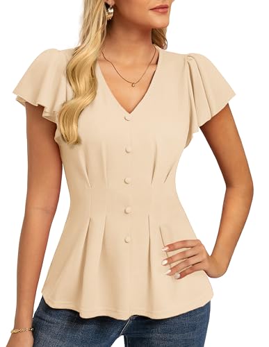 GRACE KARIN Summer Blouses for Women Dressy Casual, 2026 Ruffle Sleeve Peplum Tops, V Neck Business Work Shirts Apricot L
