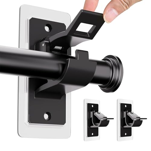 BelleVive Pack de 2 soportes para barra de cortina sin taladrar, autoadhesivos, de PET, ganchos para barra de cortina sin clavos, para baño y salón, color negro
