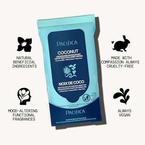 Image of Pacifica Beauty Coconut Milk & Essential Oils Underarm Deodorant Wipes, Helps Remove Odor, Aluminum-Free, Vegan & Cruelty-Free, 30 Wipes (1-Pack)