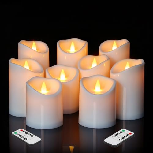 Image of antizer Flameless Candles Set of 9 Plastic LED White Pillars with 2 Remotes & Timer, Battery Operated Outdoor Decor for Garden Patio, Wedding & Home Festival (White - 3 inch D x 9 Pack)