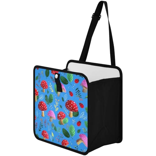 Image of Car Trash Can Organizer Bin with Adjustable Strap for Back Front Seat Console Waterproof Leakproof Collapsible Portable 11 Inch Bright Blue Mushrooms Leaves and Ladybugs