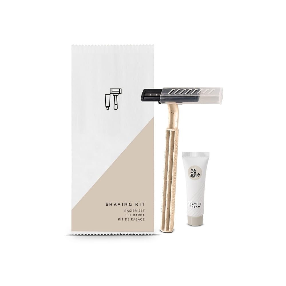 Hotel Amenities BIO in bustina di carta Accessori di cortesia monouso per Hotel e B&B. Set cortesia ospiti generici abbinabili ad ogni Linea Cortesia - Flexi Amenities (50x Shaving Kit)