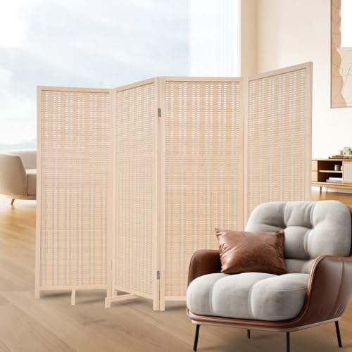Bamboo Room Divider 4 Panel 47" H, 360Β°Rotating Feet Privacy Screen,Beige