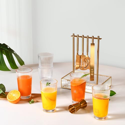 Image of Nestasia Transparent Juice Glasses Set of 6 (300ml Each) - Chip & Scratch Resistant Ribbed Textured Tumblers | Ideal for Water, Juice, Cocktails, Mocktails - Perfect for Gifting