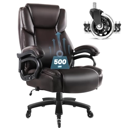 Big and Tall Office Chair 500lbs, High Back Extra Wide Leather Office Executive Chair for Heavy People, Ergonomic Thick Padded Heavy Duty Office Chair with Lumbar Support & Quiet Rubber Wheels, Brown