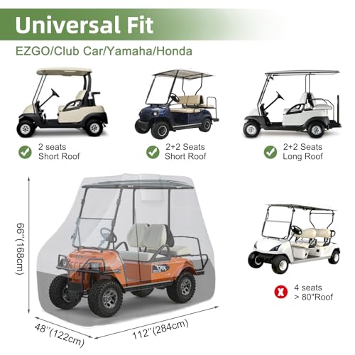 Zenicham 2/4 Passenger Golf Cart Cover Waterproof, 600D Heavy Duty Golf Cart Cover with Waterproof Strips Universal Fits for EZGO, Club Car, Yamaha Golf Cart(112\"L×48\"W×66\"H, Gray/Black)