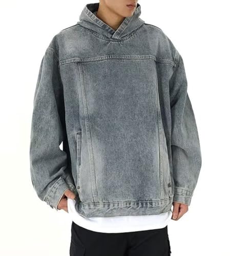 chouyatou Men's Casual Pullover Denim Jacket Vintage Distressed Jean Hoodie Jacket Oversized Sweatshirt Tops