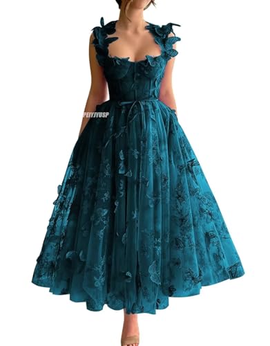 Women's Tulle Prom Dresses Long 3D Butterfly Spaghetti Straps Homecoming Dresses with Slit Tea Length Party Dress
