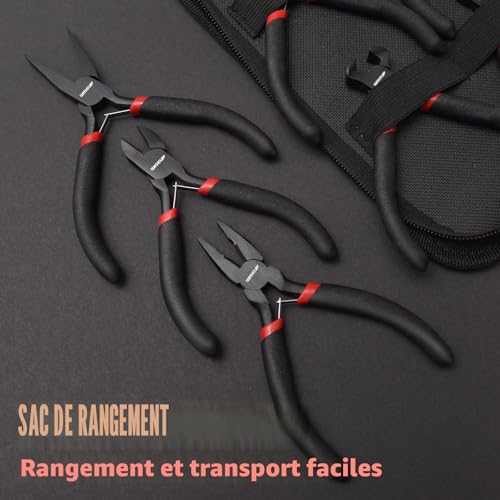 Wiseup - Ensemble de 8 mini pinces, aiguille, ronde, plate, longue, à nez coudé, diagonale, coupante en bout et pince de ligne pour l'artisanat, l'électronique et la création de bijoux, avec pochette – vue 6