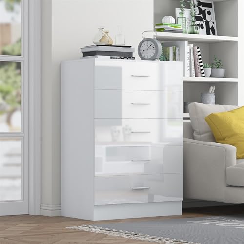 Reflect Tallboy 5 Drawer Chest | White Gloss & Matt White | Modern Vertical Bedroom Storage Unit | H: 100cm x W: 70cm x D: 40cm