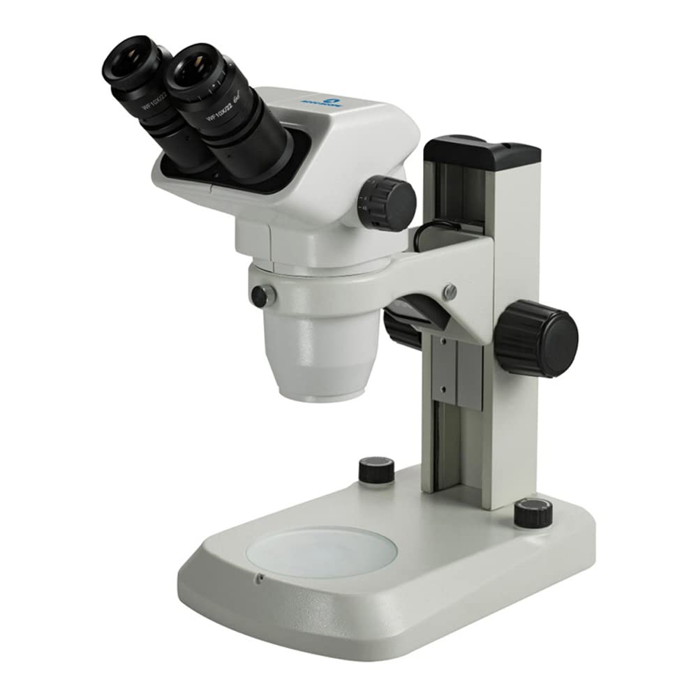 Accu-Scope 3075-LED-E Binocular Zoom Stereo Microscope on E-LED Stand, 10x Eyepieces, 6.7x-45x Magnification, 0.67x-4.5x Objective, Upper/Lower LED Illumination, 100V-240V