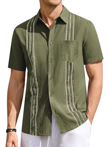 Runcati Mens Linen Shirt Guayabera Cuban Short Sleeve Button Down Shirt