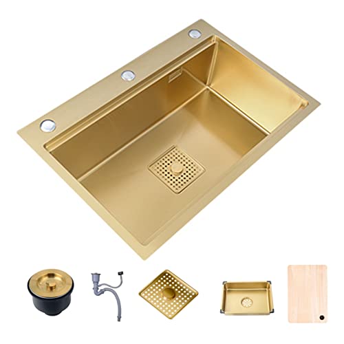Küchenspülen Goldene Edelstahlspüle Barspüle Goldene Einzelspüle Mit Holzschneidebrett (Color : Gold, S : 68x46cm) Cover
