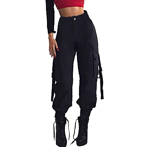 VANGULL Womens High Waisted Cargo Pants Pockets Casual Loose Combat Twill Trousers Girls Black