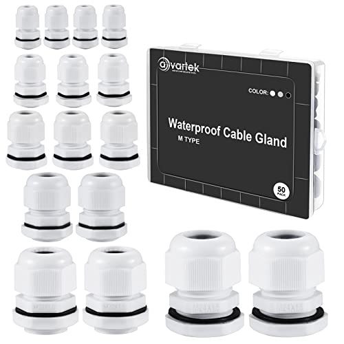 50 Pack Waterproof Cable Glands Adjustable 3-16mm Cable Connectors M12 M16 M18 M20 M22 M24 Plastic Cable Glands Connectors with Locknut and Washer - AVARTEK (White)