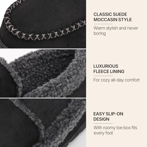 Image of Men's Moccasin House Slippers Memory Foam Suede Plush Indoor Bedroom Shoes | Fuzzy Non-Slip Warm Winter Comfy Cowboy Slippers for Indoor Outdoor Home Dad Husband Grandpa Gifts Black Brown Grey
