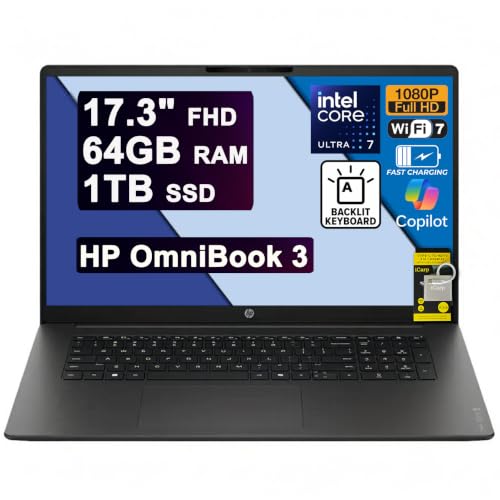 Image of HP OmniBook 3 AI Laptop 17.3 inch FHD IPS Intel 12-core Ultra 7 255U 64GB RAM 1TB SSD Backlit Type-c WiFi7 for Creator Designer Business Professional Win11 ICP Hub