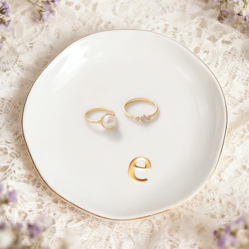 Initials Ring Dish Jewery Tray Ceramic Jewelry Tray Engagement Wedding Gifts for Friends,Sister,Birthday for Women, 4.75"