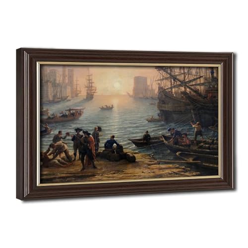 Impression sur toile Claude Lorrain Port de mer au coucher du soleil cadre suspendre 30x45cm