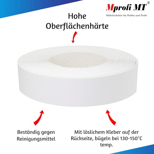 Mprofi MT® Kantenumleimer Weiss | 22 mm x 5 m | Melamin Kantenband | Bügelkantenumleimer für Regale und Möbelplatten | Kantenumleimer mit Schmelzkleber – 099/22/5