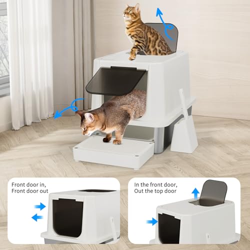 RIZZARI Stainless Steel Cat Litter Box, Enclosed Top-Entry Design, Large Capacity High-Sided Leak Proof Litter Pan for Cats, Easy Clean Pet Toilet (Beige, with Cat Litter) - Thumbnail 4