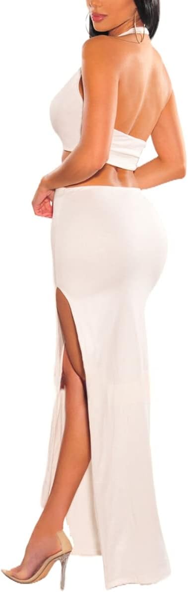 LuFeng Women's Sexy Sleeveless Halter V Neck Side Waist Cutout Backless Bodycon High Slit Maxi Long Dress - Image 3