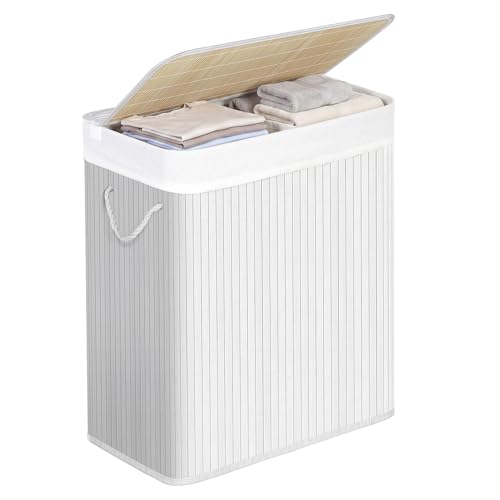 Image of SONGMICS - Laundry Basket with Lid - Bamboo Laundry Basket with 2 Sorting Compartments, Removable Bag, Cotton Handles - Volume 100L, for Laundry Room, Bedroom - White -LCB64WT