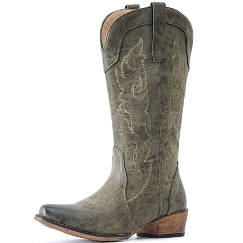 Image of IUV Cowboy Boots for Women Mid Calf Fashion Cowgirl Boots with Embroidery Western Snip Toe