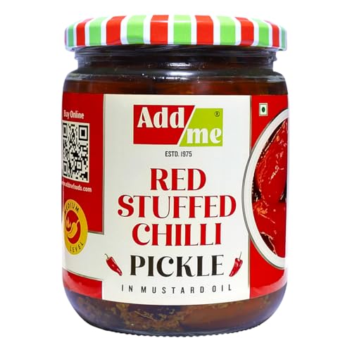 Image of Add me Red Stuffed Chilli Pickle 500gm | bharwa lal mirch achar in mustard oil| homemade lal mirchi ka achar with banarasi masala in glass jar