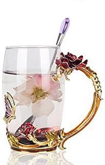 Bestbling Creative Handmade Enamel Home Decoration Enamel Flower Crystal Glass Coffee Tea Water Cup (37CL, Rose Red)