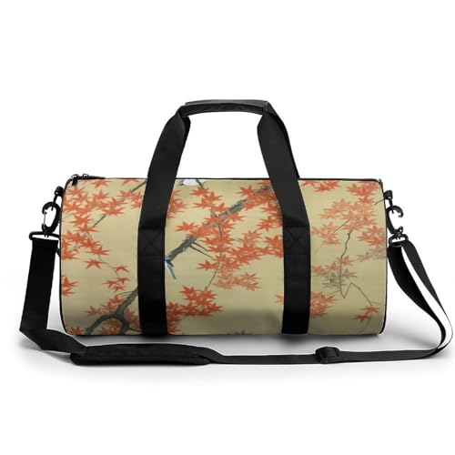 ジムバッグ ボストンバッグ 伊藤若冲 紅葉小禽図 スポーツバッグ 旅行 トラベルバッグ フィットネスバッグ 円筒形 出張 防水
