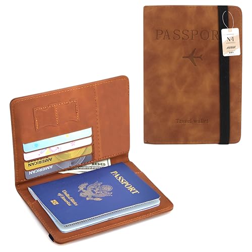 Image of NFI essentials Passport Holder Cover Wallet Travelling RFID Blocking PU Leather Card Case Organiser International Travel Must Haves Accessories for Women Men (Brown)