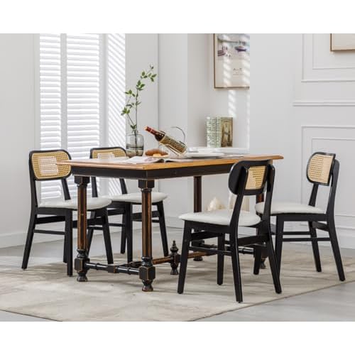 HNY Rattan Dining Chairs Set of 4, Farmhouse Upholstered Dining Room Chairs, Modern Black Wooden Kitchen Chairs, Boho Side Chairs, White PU Leather