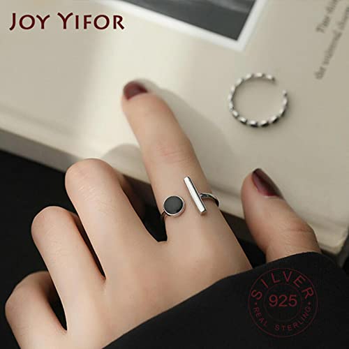 Anello Aperto da Donna in Argento Sterling, Barra Tonda, Strass Nero, Gioielli Fatti a Mano Regolabili