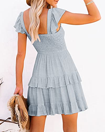 Image of Women Summer Dresses Casual Boho Smocked Ruffle Sun Beach Babydoll Mini Dress Layered Flowy Swing Dress