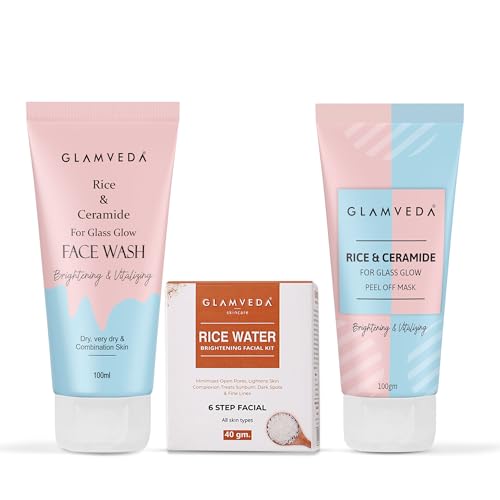 Glamveda Rice & Ceramide Korean Glass Skin Combo Gift Pack | Skin Brightening & Anti Dullness Gift Set For Men & Women | SLS, Paraben Free