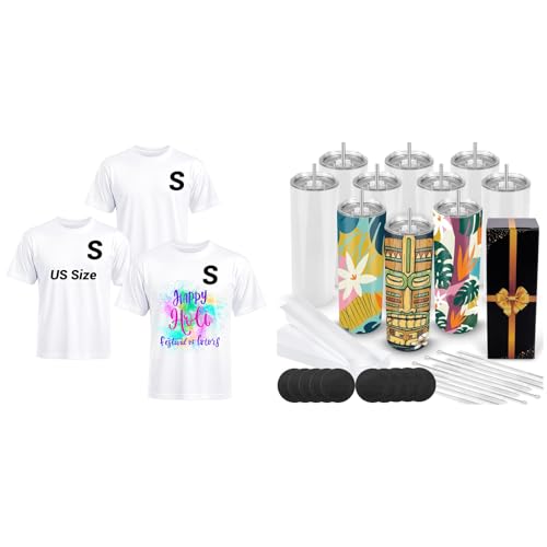 Joyclub Bundle of 3 PCS White Polyester T Shirts and Sublimation Tumblers Blanks 20 oz 10 Pack