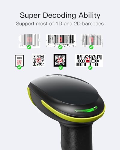Image of Inateck 2D Barcode Scanner with Intelligent Stand, Wireless QR Code Scanner, Handheld Scanner with APP and SDK, 2D Imager with 2600mAh Battery, BCST-35 Green