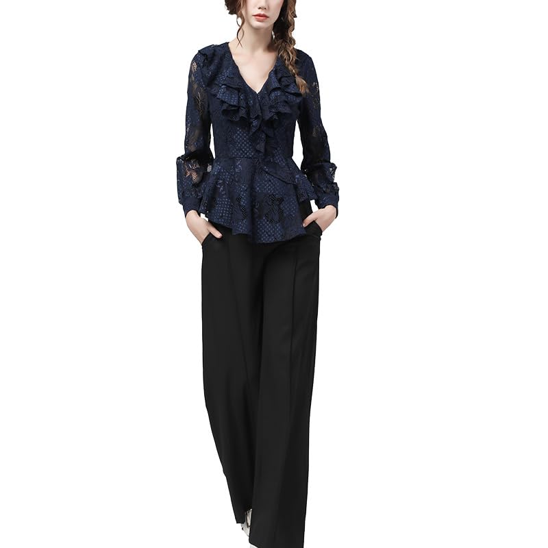 Blusas de Encaje con Cuello en V y Volantes de Color Azul Oscuro, diseño Floral Ahuecado, Manga Larga, Blusas Delgadas de otoño para Mujer, Camisas de Oficina (Azul M)