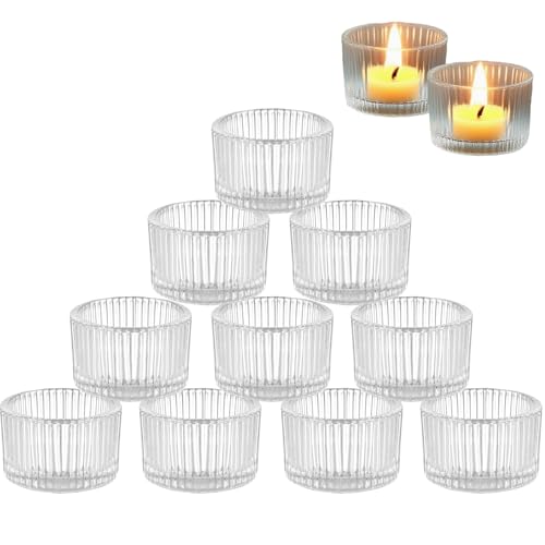 Portavelas de Té de Cristal, 5 cm x 3,5 cm, Juego de 12 Portavelas de Té Transparentes de Cristal, Porta Velas Pequeñas, para Decoración de Mesa, Navideñas, Bodas, Fiestas, Hogar, Transparente