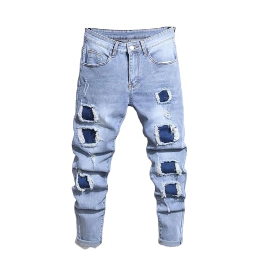 Men Patch Skinny Jeans Pants Street Style Slim for Men's Biker Denim Trousers
