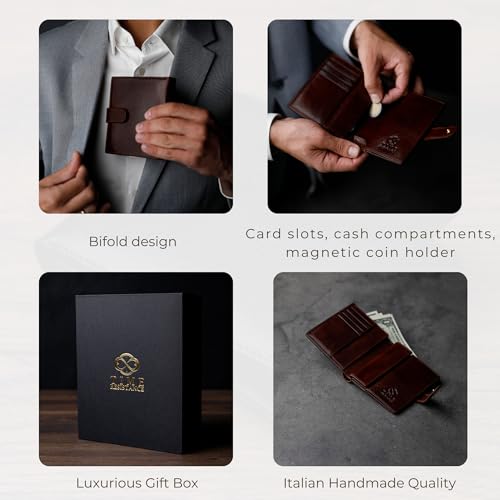 Time Resistance Men's Leather Wallet - Minimalist Wallet Design with Credit Card Holder, Magnetic Coin Holder, Cash Slots - Secured with a Metal Snap Button Closure (Brown)4
