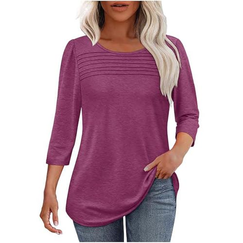 3/4 Sleeves T Shirt for Women Dressy Casual Blouses Pleated Front Round Neck Pullover Tees Ladies Tunic Tops