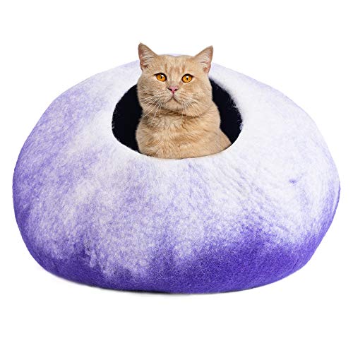 Juccini Felted Wool Cat Cave Bed ~ Perfect Handcrafted Cat Beds for Indoor Cats ~ Felted from 100% Natural Wool ~ Eco Friendly with Your Cats (Purple Petals)